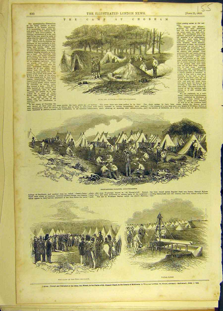 Original Old Antique Print 1853 Camp Chobham Military Sketches Highlanders 19th