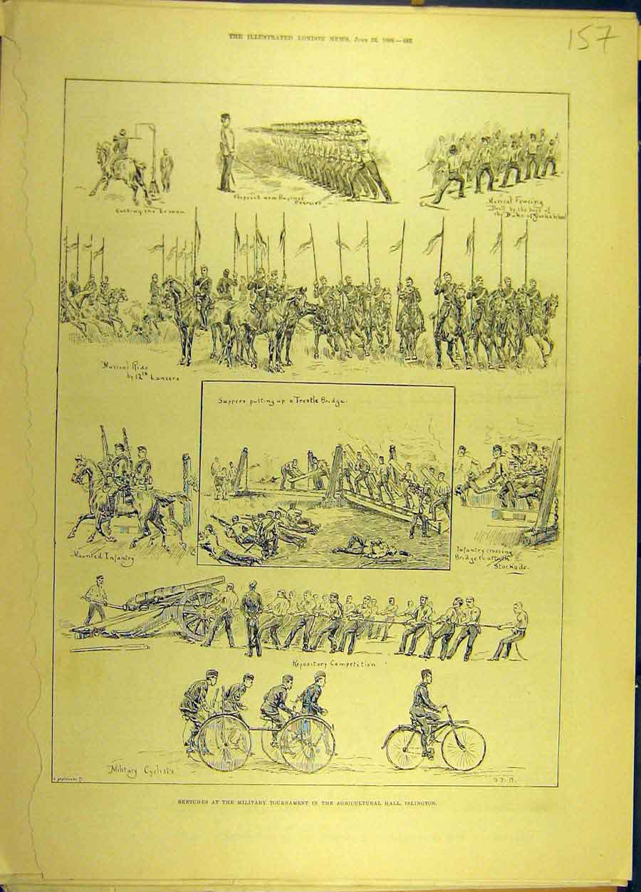 Original Old Antique Print 1888 Military Tournament Islington Sketches Victorian