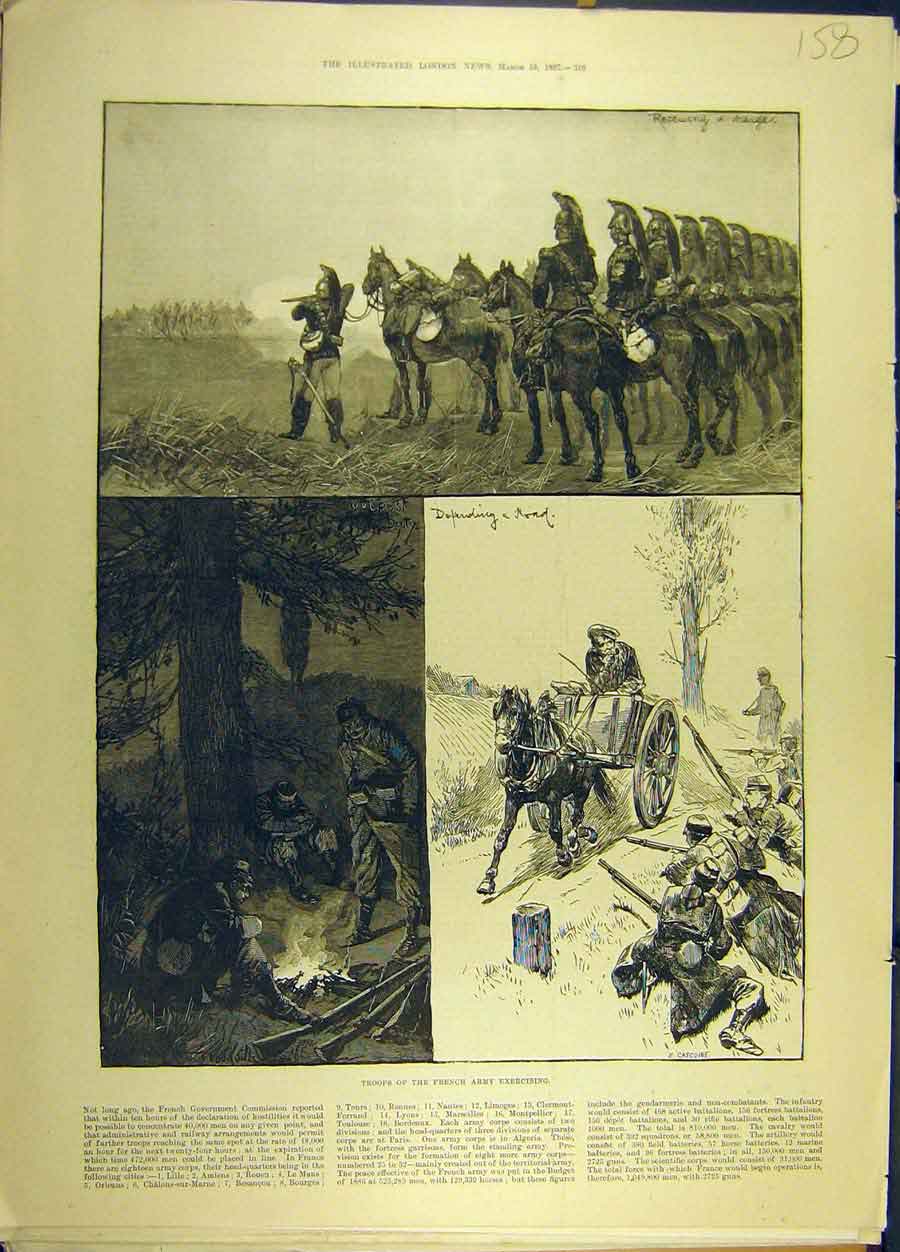 Original Old Antique Print 1887 Troops French Army Exercising Military Victorian