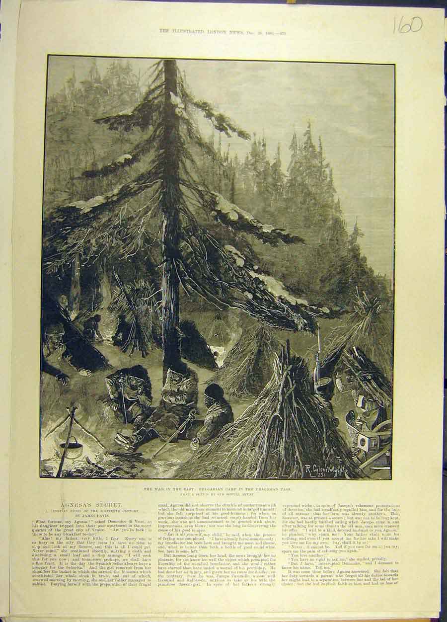 Original Old Antique Print 1885 War East Bulgarian Camp Dragoman Pass Military