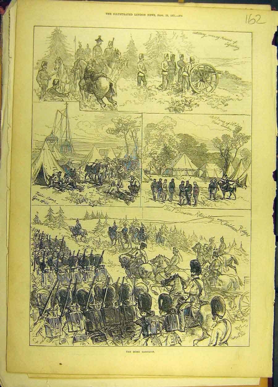 Original Old Antique Print 1871 Home Campaign Military Chobham Ridges Victorian