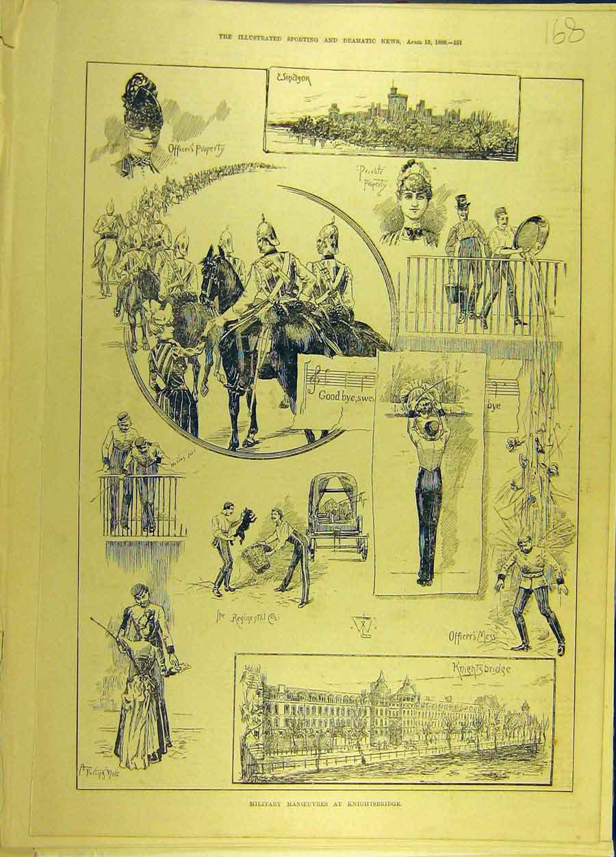 Original Old Antique Print 1889 Military Manoeuvres Knightsbridge Windsor 19th