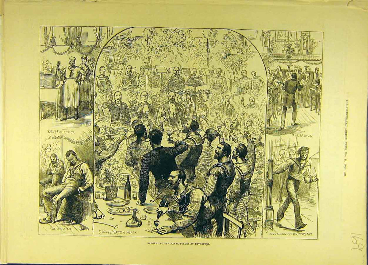 Original Old Antique Print 1882 Banquet Naval Forces Devonport Military 19th
