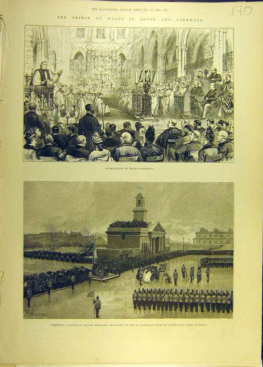 Old Antique Print 1887 Prince Wales Devon Cornwall Truro Raglan Military 19th
