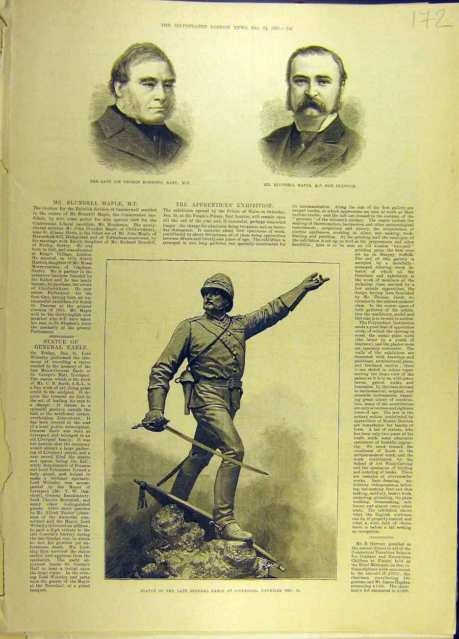 Original Old Antique Print 1887 Burrows Maple Statue General-Earle Liverpool