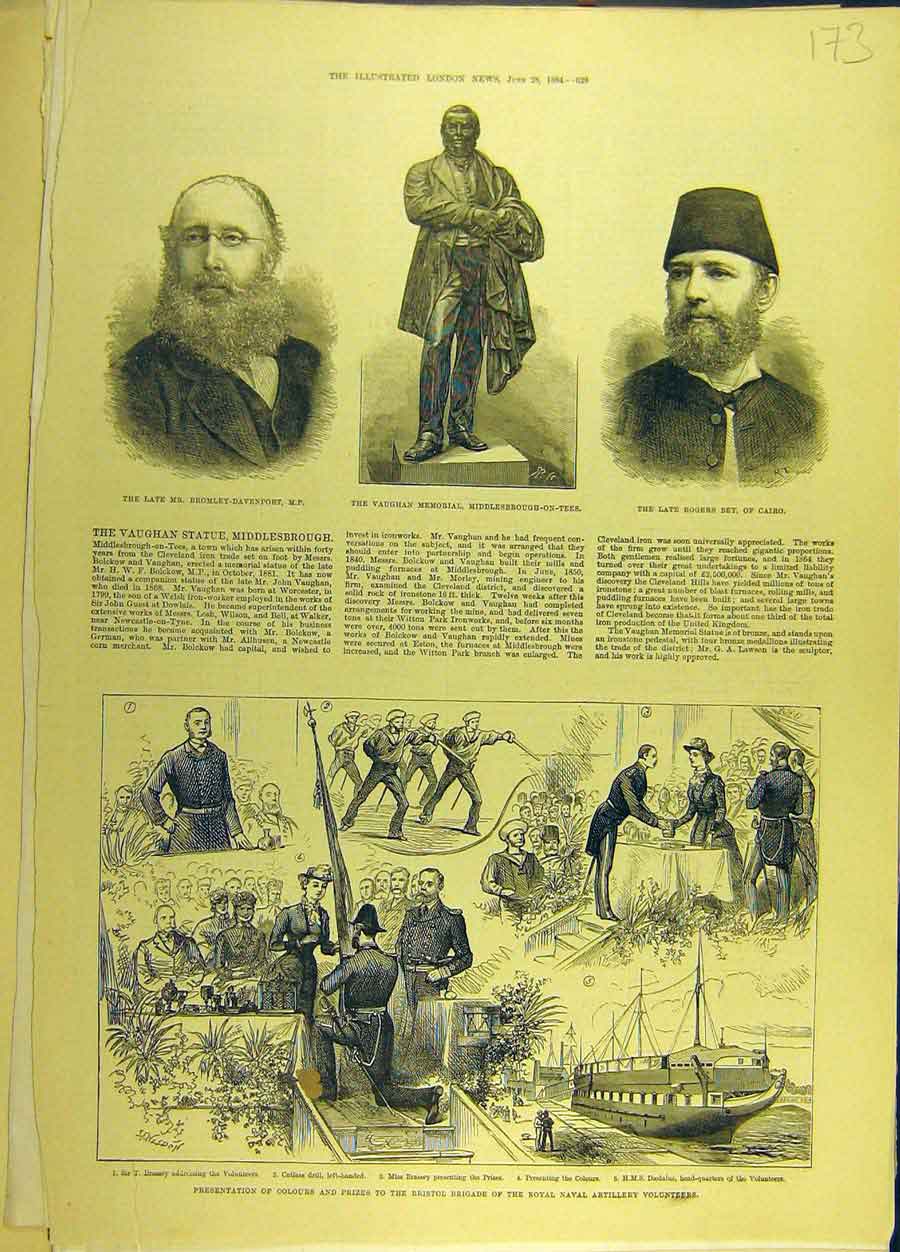 Original Old Antique Print 1884 Bromley-Davenport Vaughan Statue Bristol Brigade
