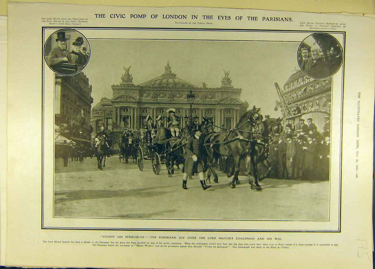 Original Old Antique Print 1906 Civic Pomp London Parisians Lord-Mayor Coachmen