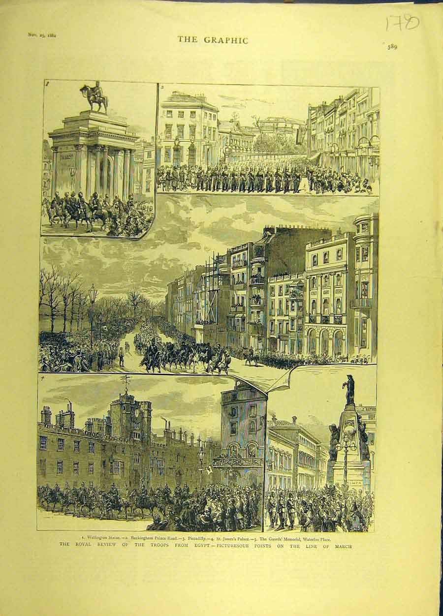 Original Old Antique Print 1882 Royal Review Troops Egypt London Military 19th