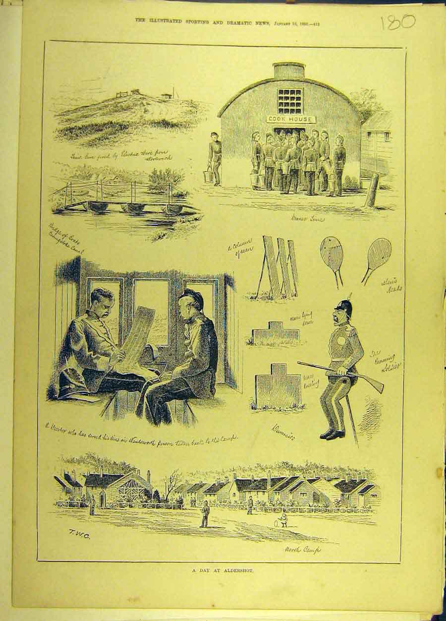 Original Old Antique Print 1880 Aldershot Military Sketches 19th