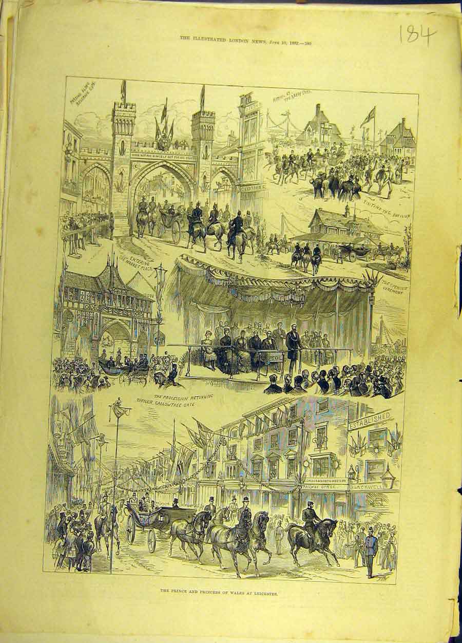 Original Old Antique Print 1882 Prince Princess Wales Leicester Procession 19th
