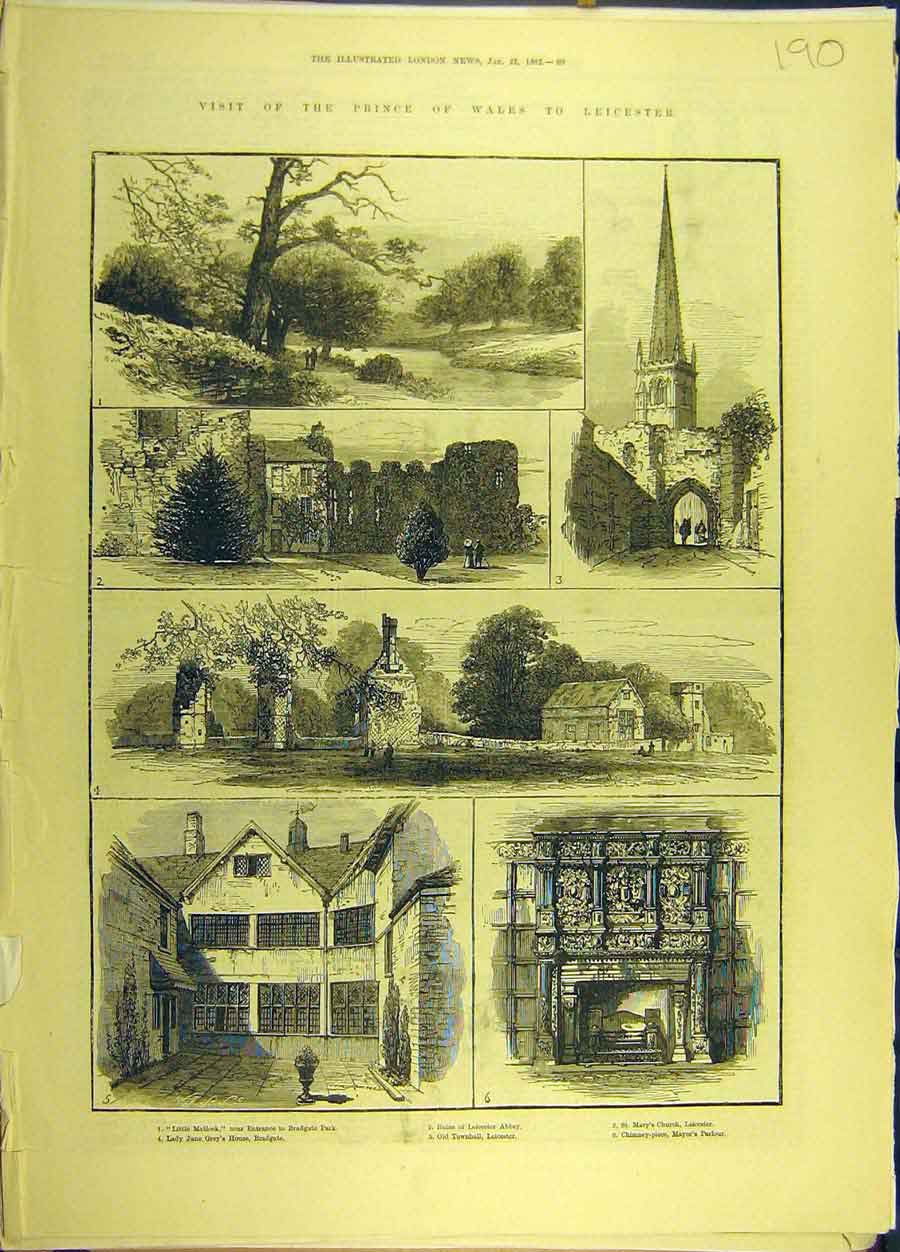 Original Old Antique Print 1882 Prince Wales Leicester Buildings Matlock 19th
