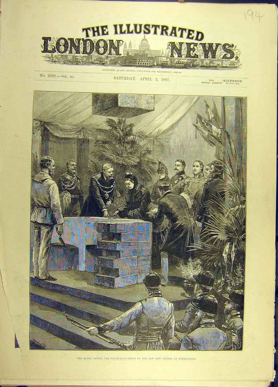 Old Antique Print 1887 New-Law Courts Birimingham Foundation Stone Queen 19th