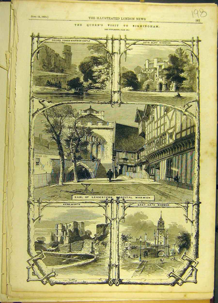 Original Old Antique Print 1858 Birmingham Queen Royal Visit Warwick Hospital