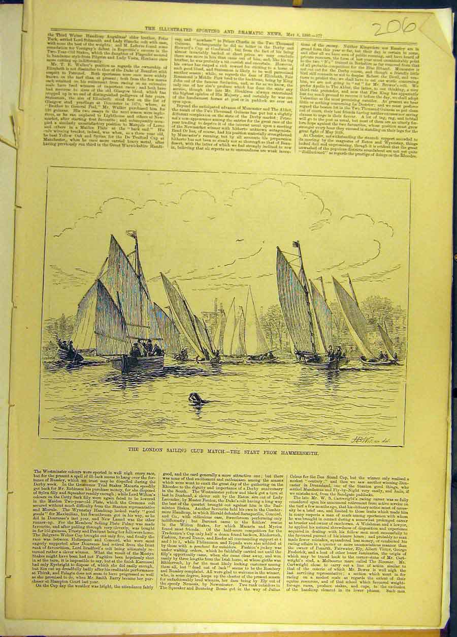 Original Old Antique Print 1880 London Sailing Club Match Hammersmith Yachts