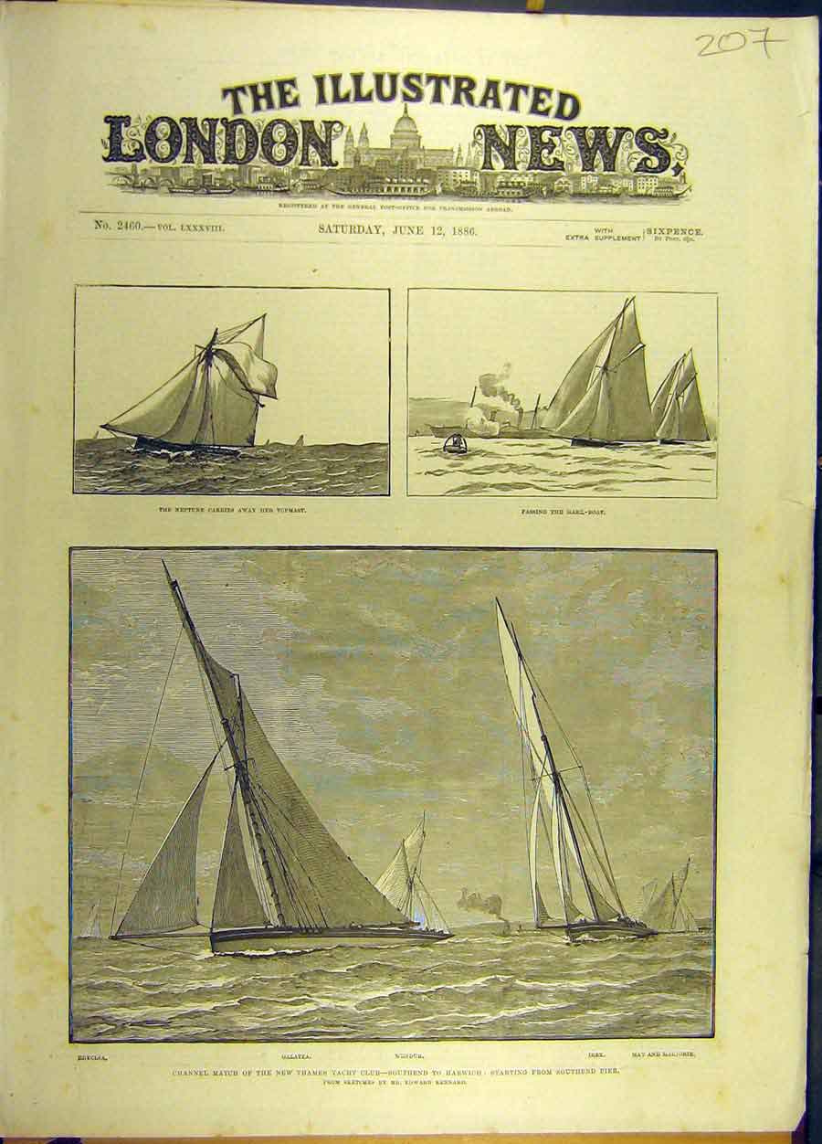 Old Antique Print 1886 Channel Match Thames Yacht Southen-Harwich Sailing 19th