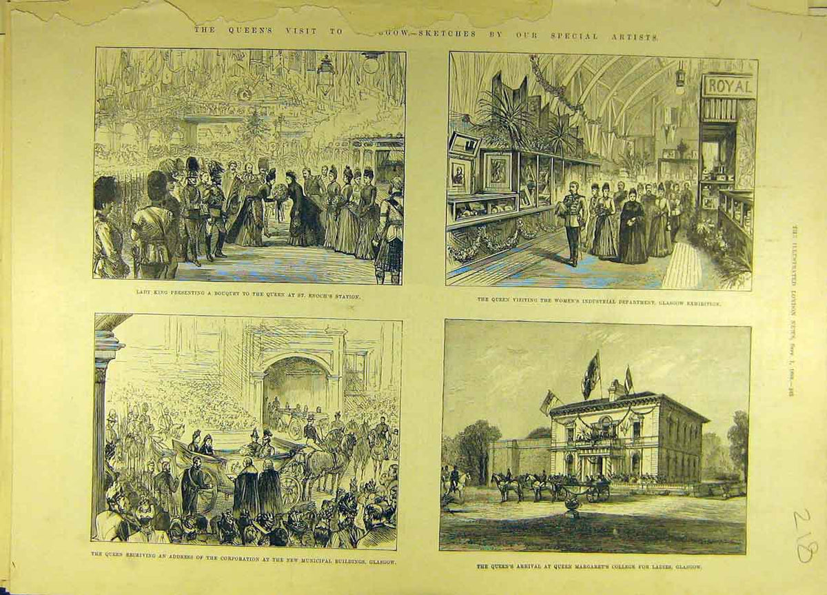 Old Antique Print 1888 Glasgow Queen Royal Visit College Building Station 19th