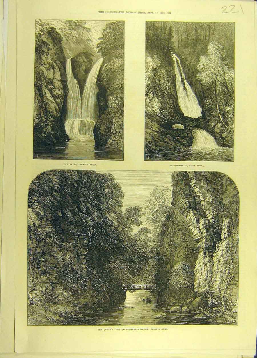 Original Old Antique Print 1872 Sutherland Sketch Golspie Burn Loch-Brora 19th