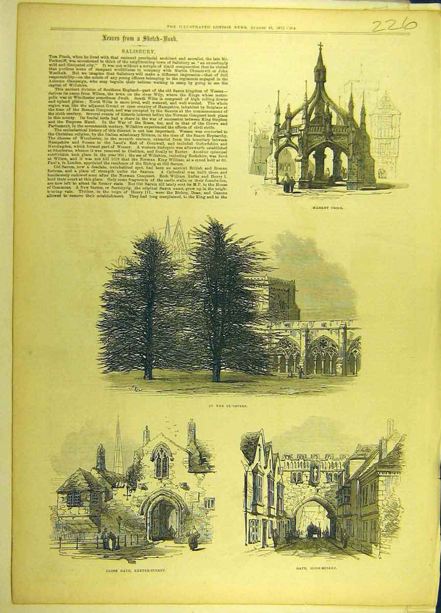 Original Old Antique Print 1872 Salisbury Sketches Market-Cross Cloisters Gate
