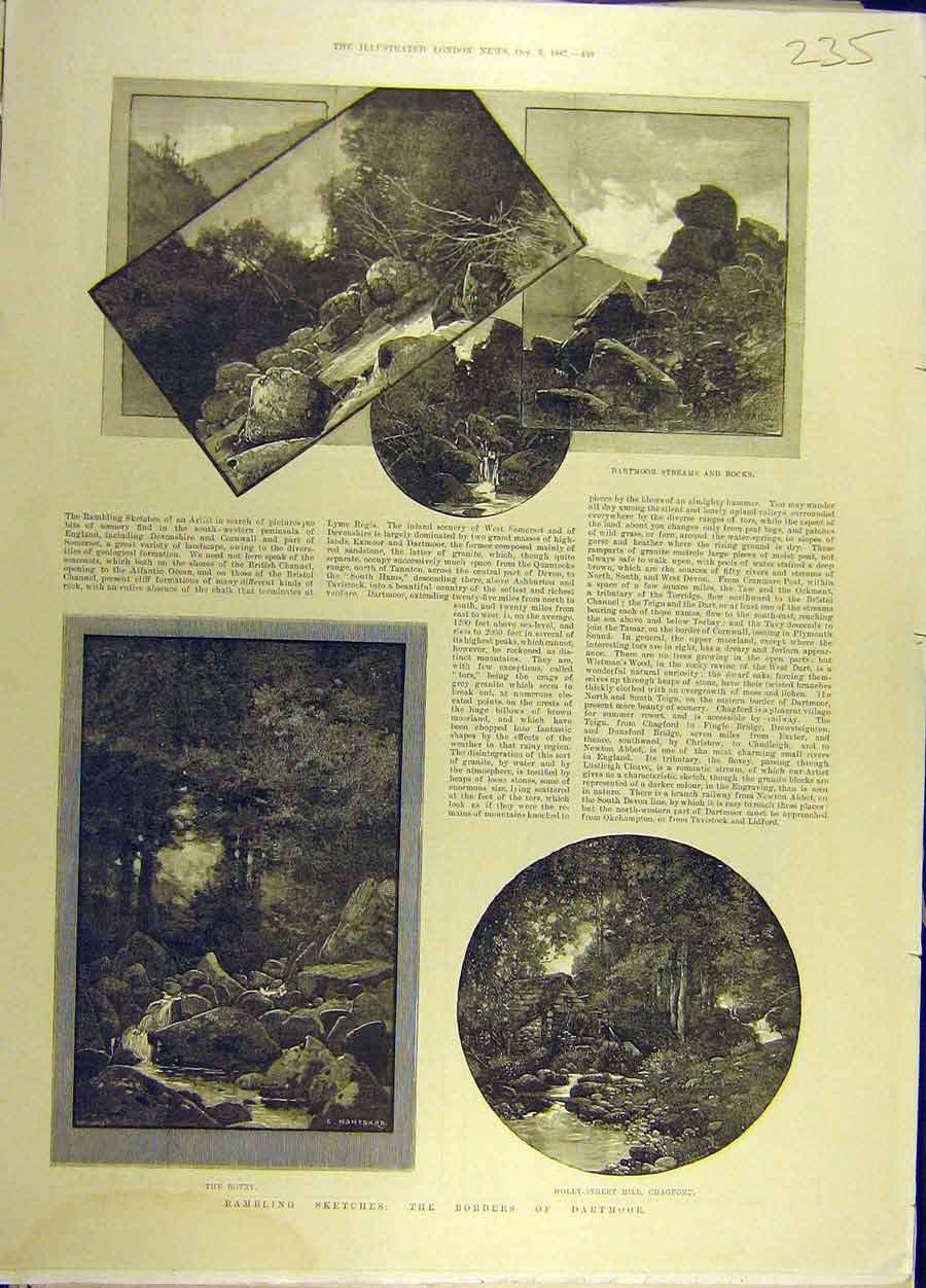 Original Old Antique Print 1887 Dartmoor Sketches Montbard Bovey Chagford 19th