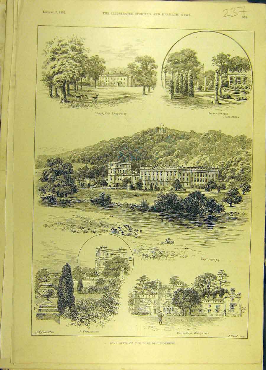 Original Old Antique Print 1892 Duke Devonshire Holker Chatsworth Lancashire
