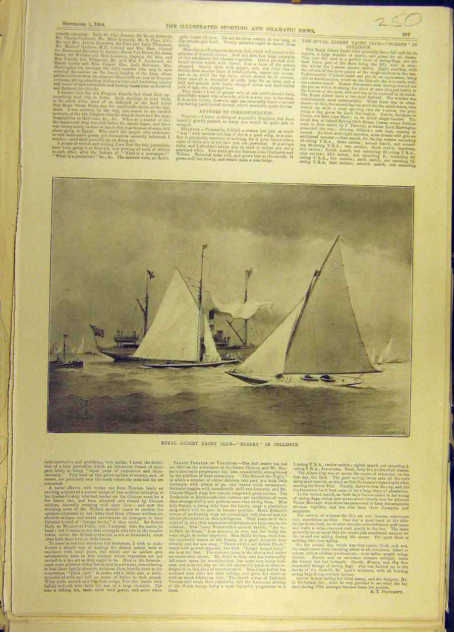 Original Old Antique Print 1894 Royal Albert Yacht-Club Doreen Collision Sailing