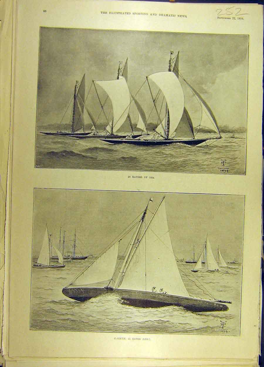 Original Old Antique Print 1894 Gareth Yacht-Race Sailing Regatta Social History
