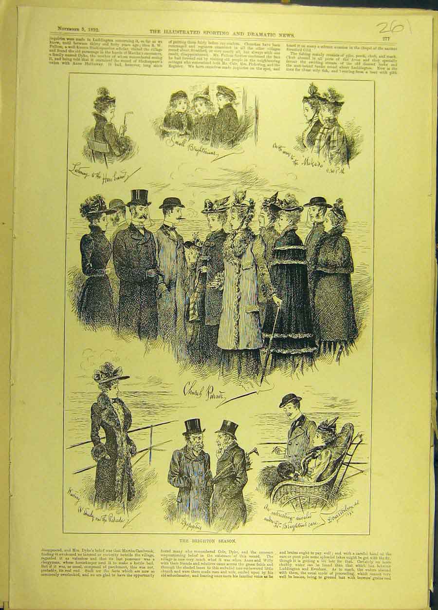 Original Old Antique Print 1892 Brighton-Season Church Parade Social History