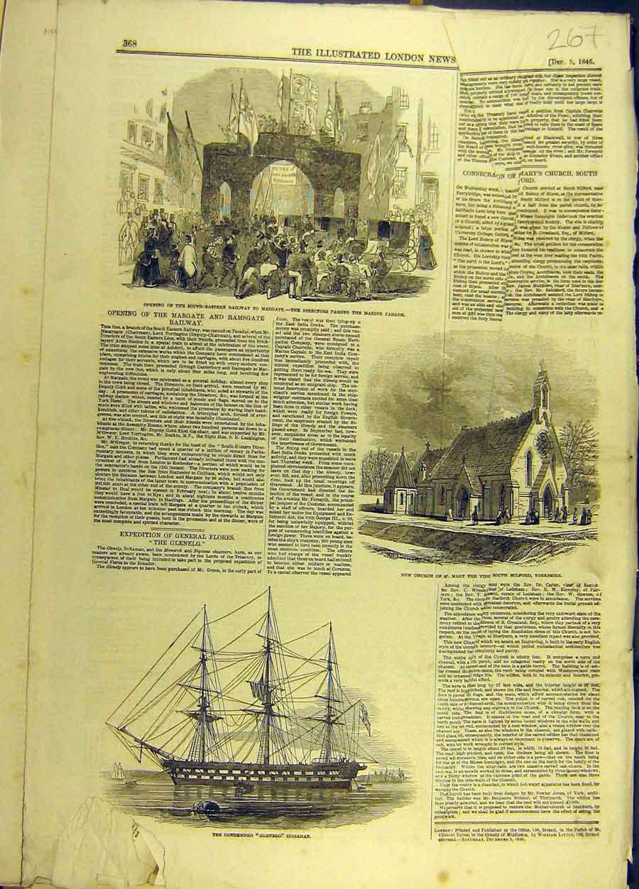 Original Old Antique Print 1846 Railway Margate Church Milford Glenelg Indiaman