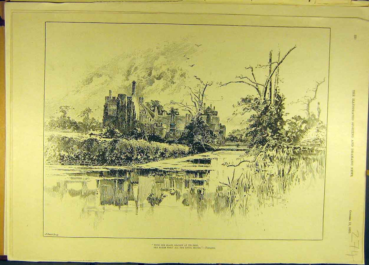 Original Old Antique Print 1895 Tennyson House Building Landscape Social History