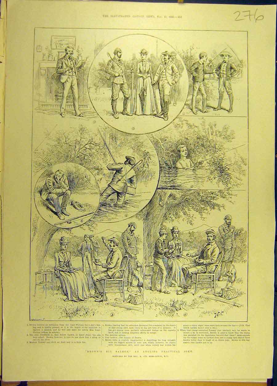 Original Old Antique Print 1890 Brown Salmon Angling Joke Sketch Ross-Lewin 19th
