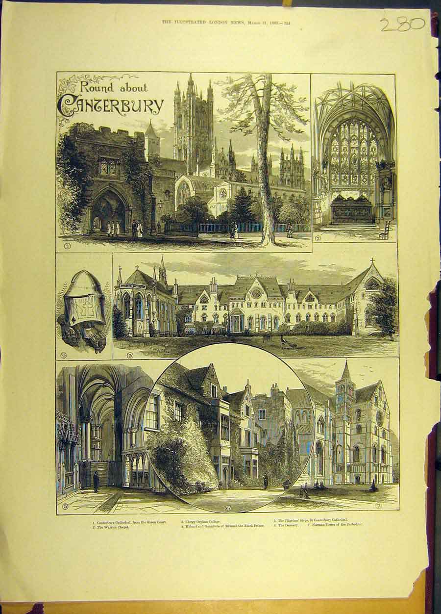 Original Old Antique Print 1883 Canterbury Catherdral College Chapel Tower 19th