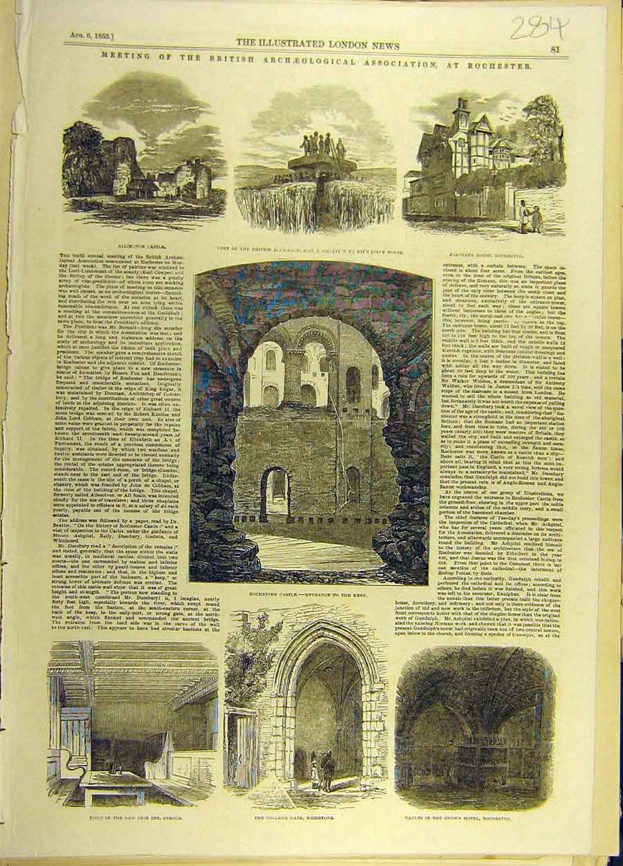 Original Old Antique Print 1853 British Archealogical Association Rochester 19th