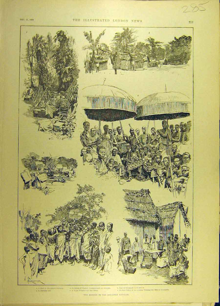 Original Old Antique Print 1888 Mission Ashantee Kingdom Sketches People 19th
