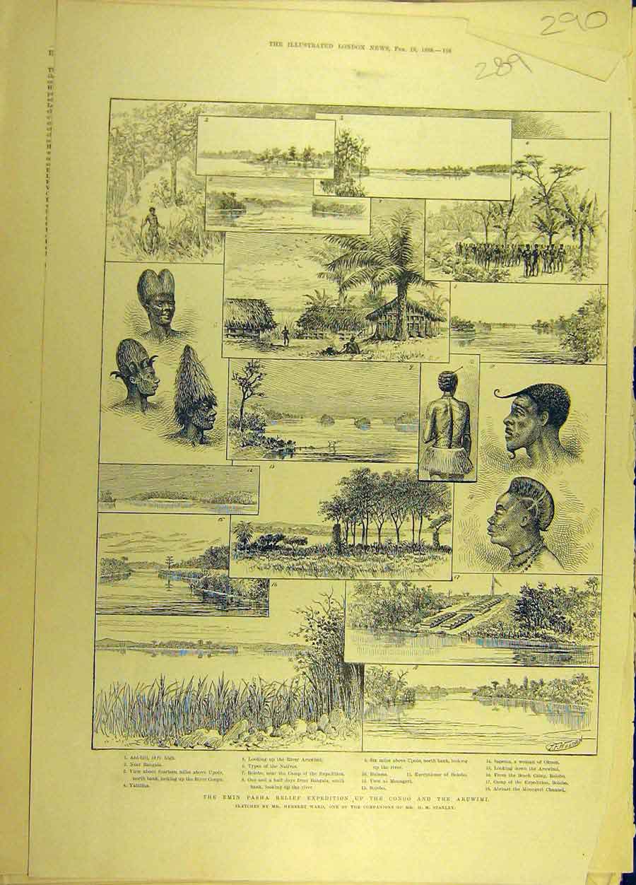 Original Old Antique Print 1888 Emin Pasha Expedition Congo Aruwimi Sketches