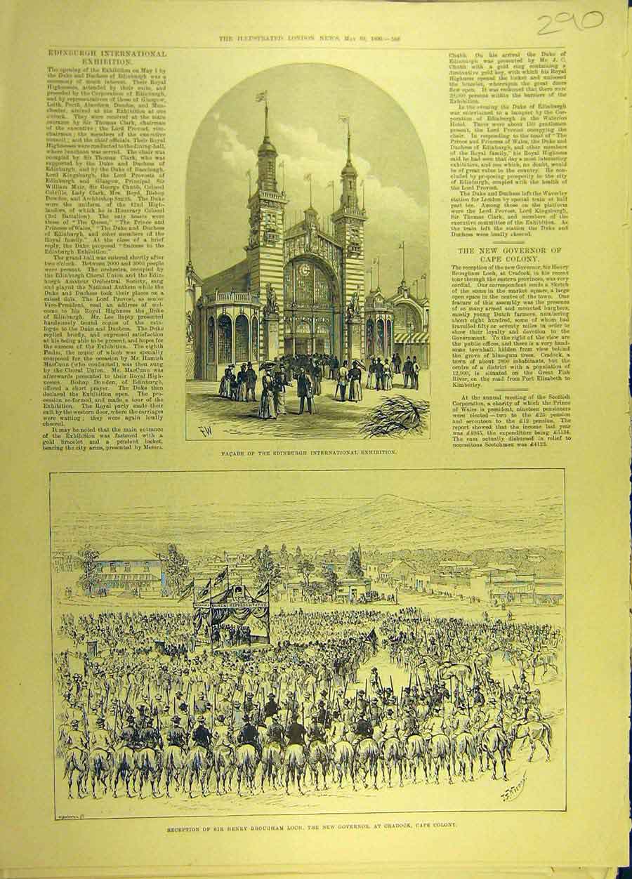 Original Old Antique Print 1890 Facade Edinburgh Int Exhibition Sir Loch Cradock