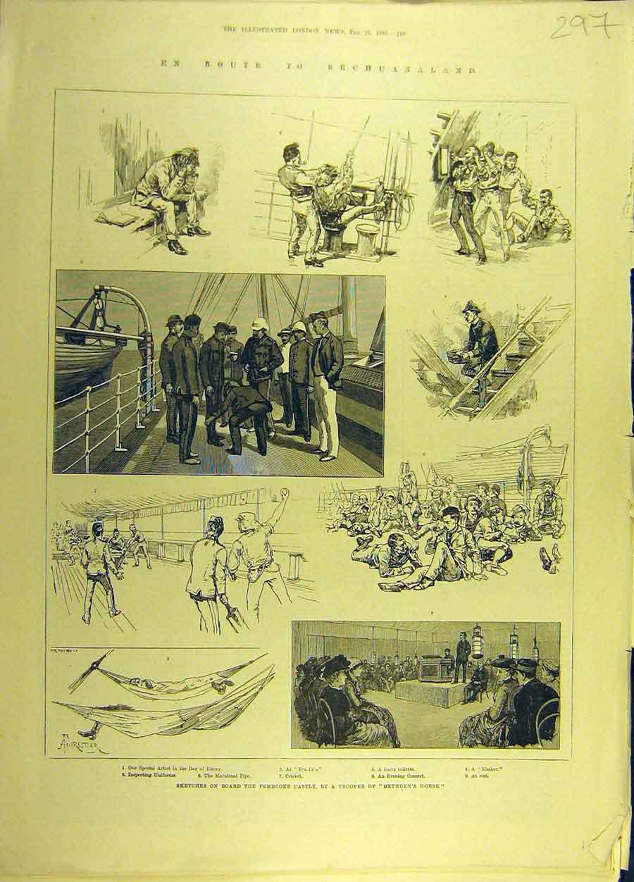 Original Old Antique Print 1885 Ship Pembroke Castle Methuen'S Horse Victorian