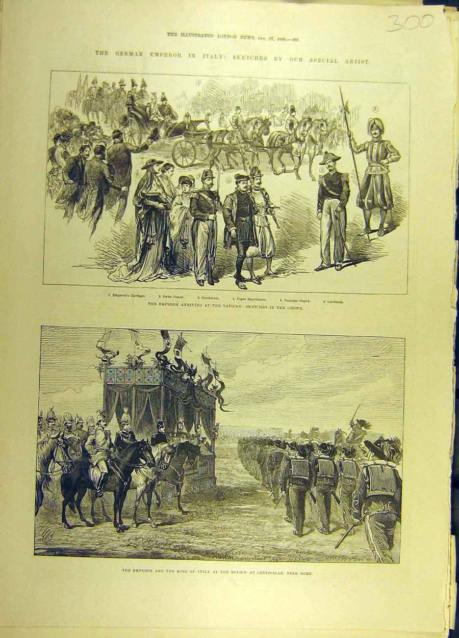 Original Old Antique Print 1888 German Emperor Italy Vatican King Centocelle