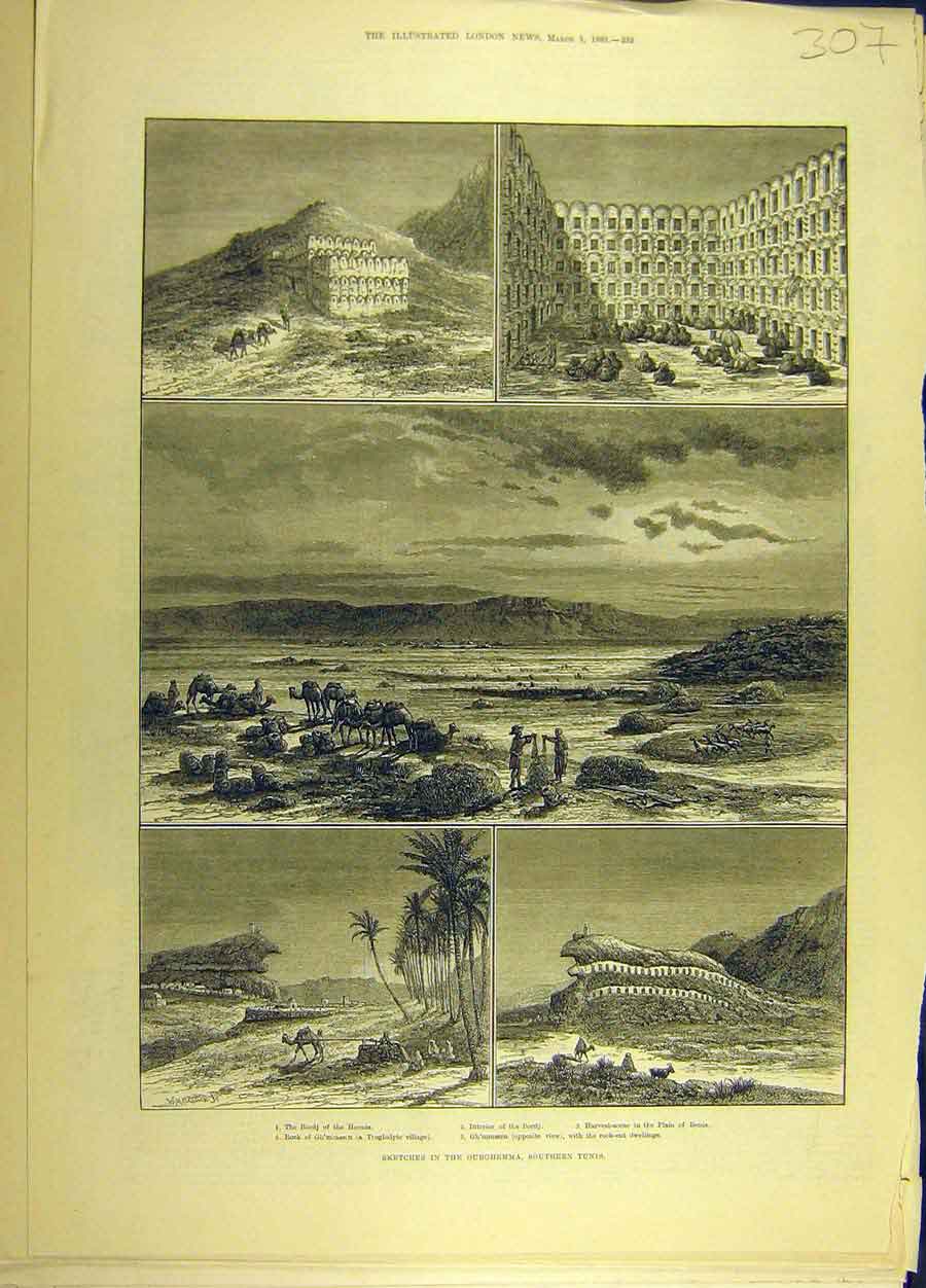Original Old Antique Print 1883 Ourghemma Tunis Benia Gh'Mrassen Bordj Haouia