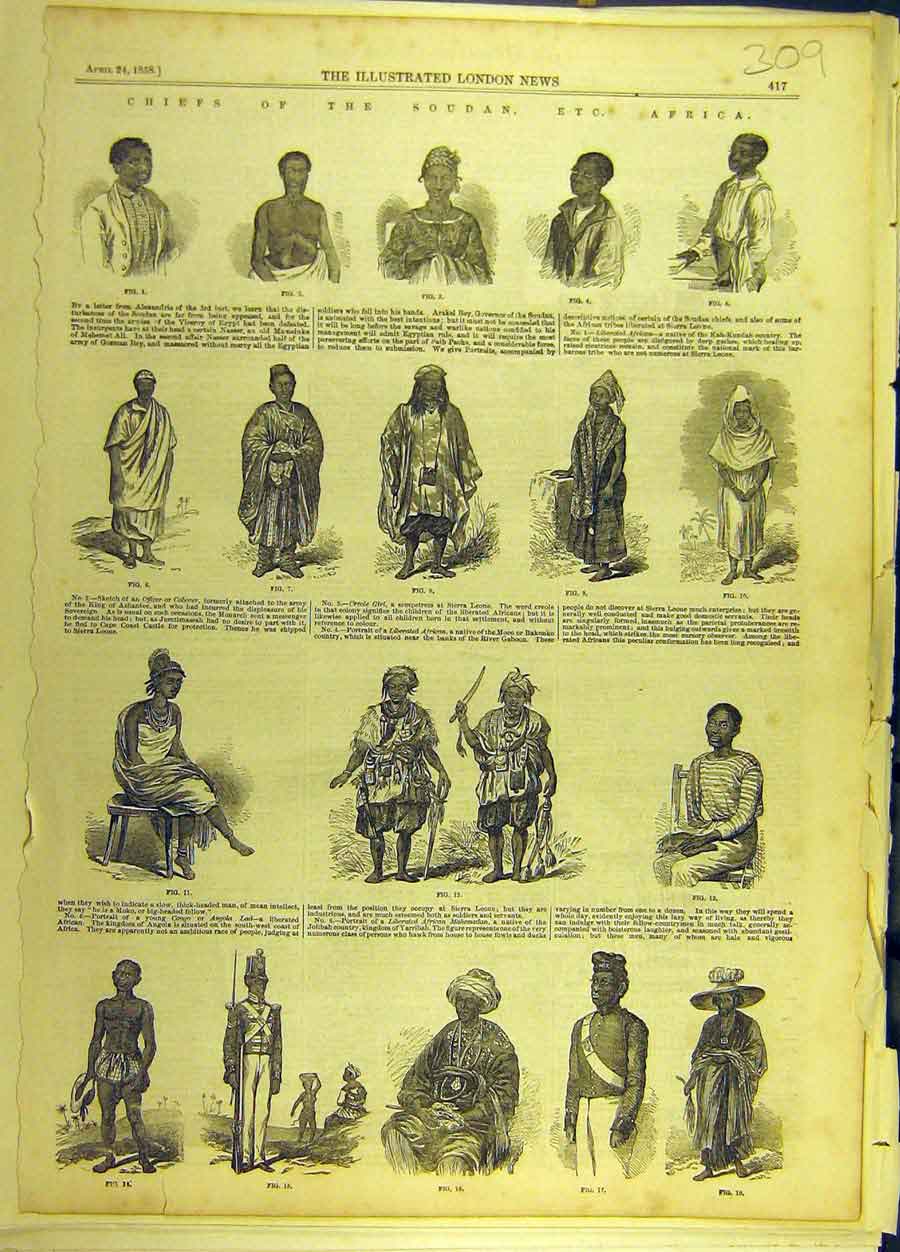 Original Old Antique Print 1858 Cheifs Soudan Africa Sketches Fashion Victorian