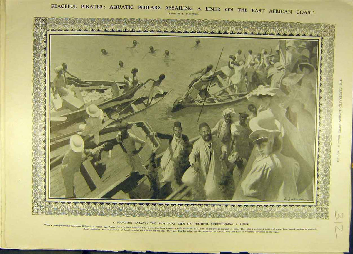 Original Old Antique Print 1907 Africa Coast Traders Boat Ship Aquatic 20th