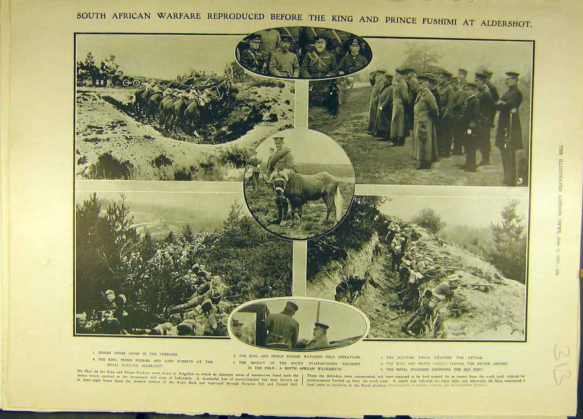 Original Old Antique Print 1907 King Prince Fushimi Aldershot Warfare 20th