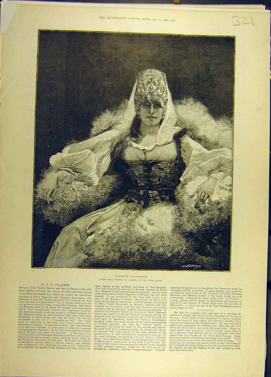 Original Old Antique Print 1889 Fantasia Caucasienne Portrait Social History