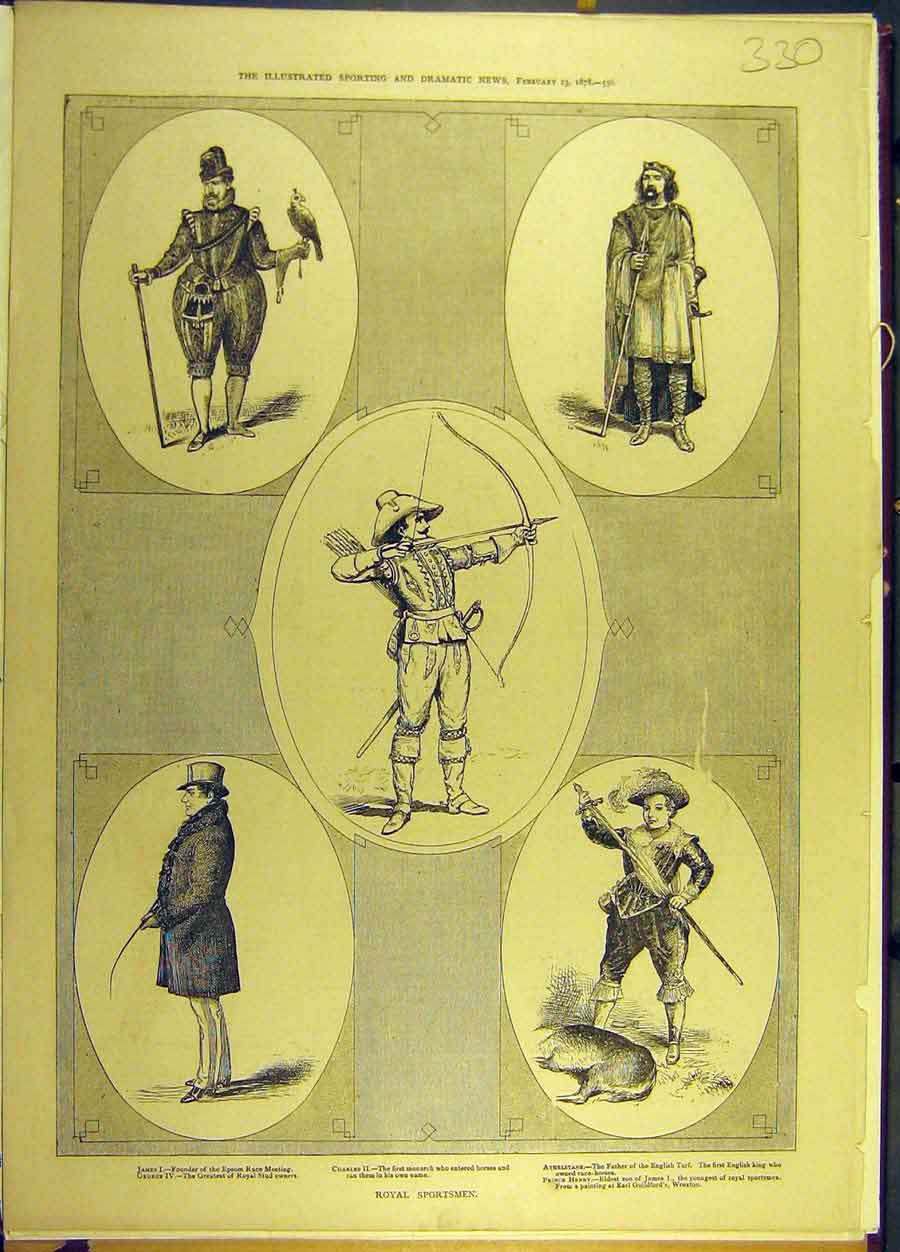 Original Old Antique Print 1878 Royal Sportsmen JamesCharles 11 Henry 19th