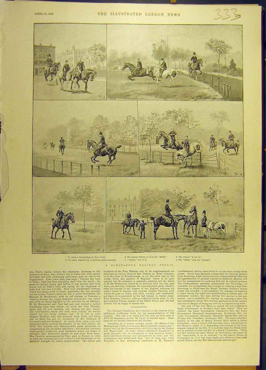 Original Old Antique Print 1889 Schoolboy Holiday Frolick Story Sketches Horse
