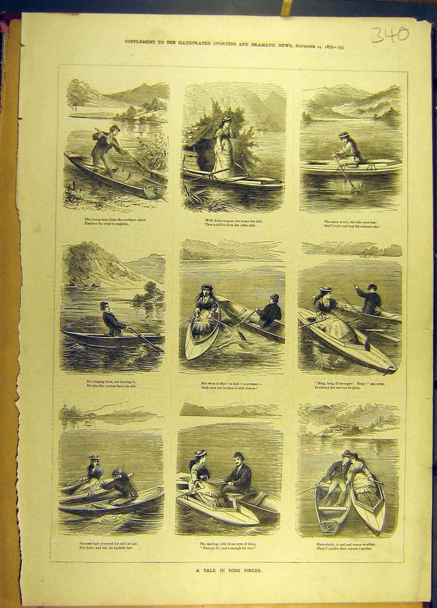 Original Old Antique Print 1877 Story Sketches Boat Boy Girl Social History 19th