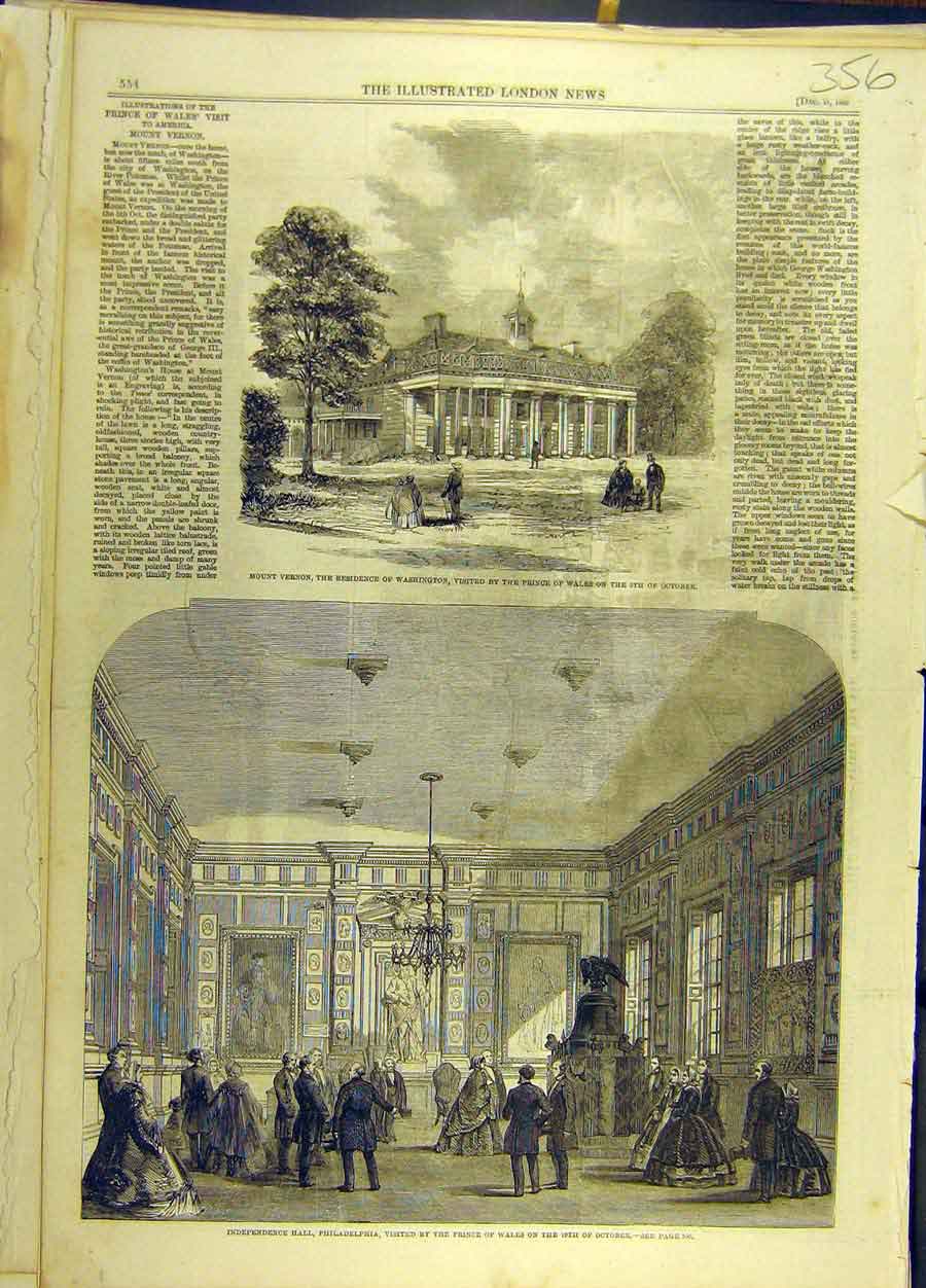 Original Old Antique Print 1860 Independence Hall Philadelphia Prince Wales 19th