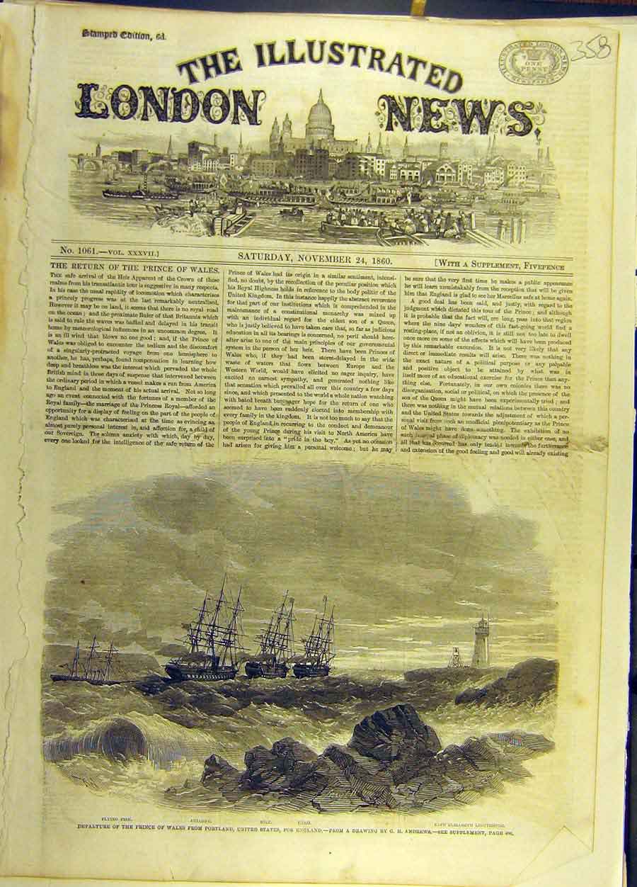 Old Antique Print 1860 Prince Wales Ship Portland Sea Ship Social History 19th