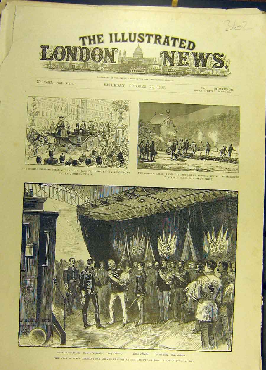 Original Old Antique Print 1888 King Italy Rome Emperor Humbert William 11 19th