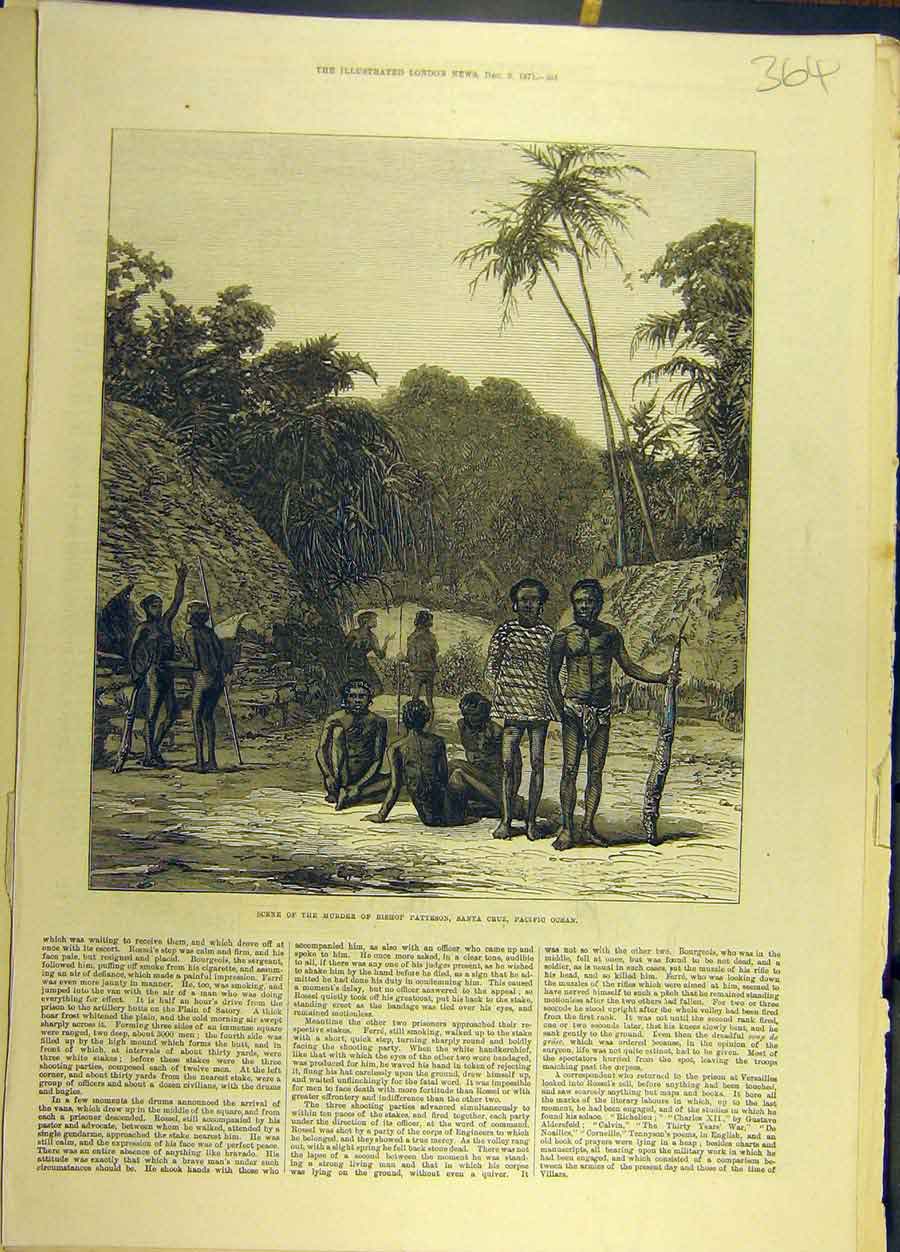 Old Antique Print 1871 Murder Bishop Patterson Santa Cruz Social History 19th