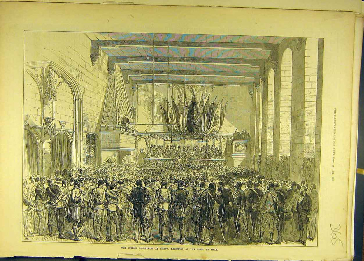 Original Old Antique Print 1872 English Volunteers Ghent Hotel De Ville 19th